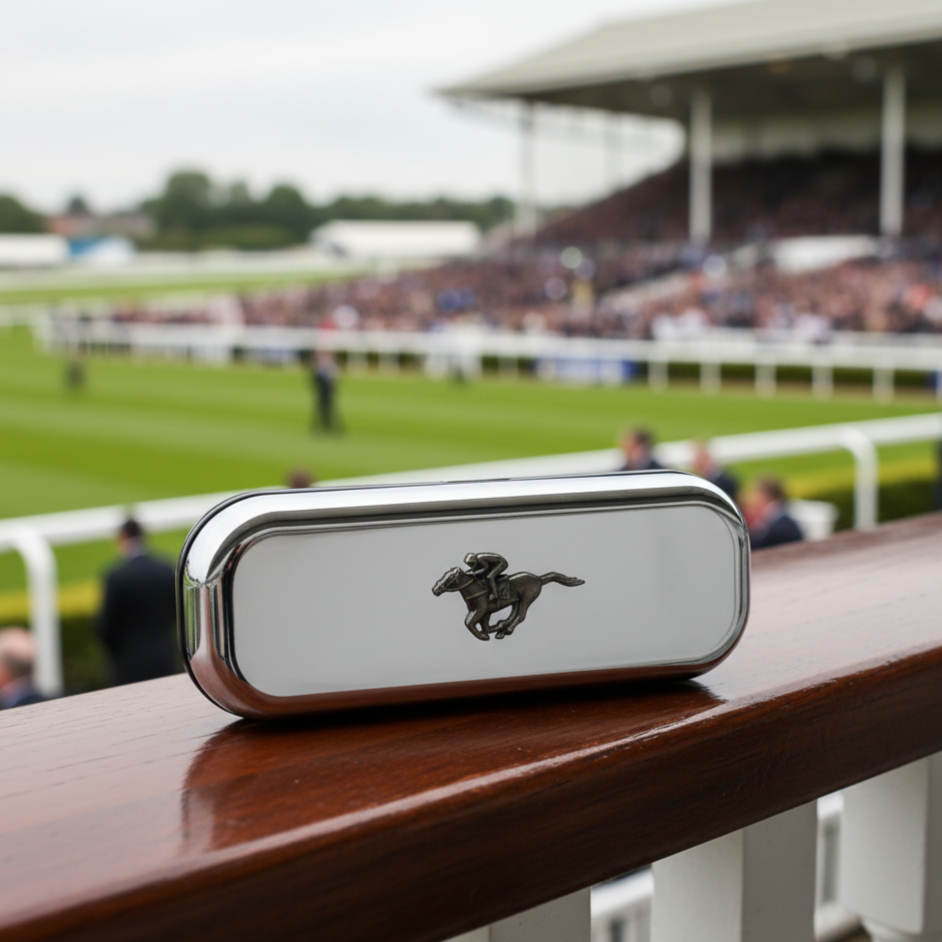 Silver rectangular glasss case with a horse logo on a wooden surface at a racecourse.