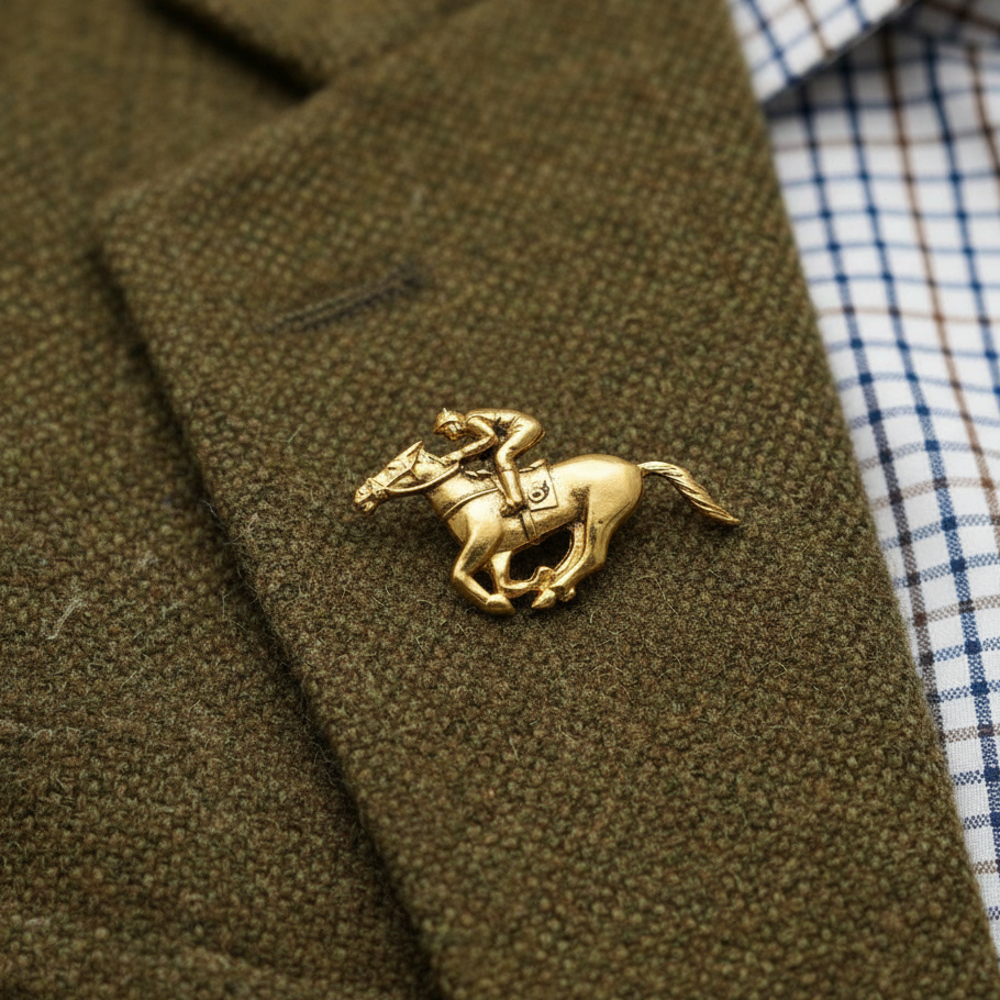 Gold horse brooch on a brown jacket with a checkered shirt underneath
