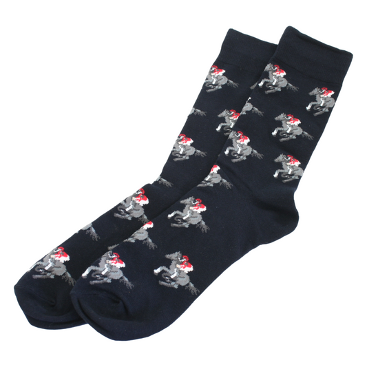 Black Horse Racing Socks Grey Horse & Jockey Repeat Design