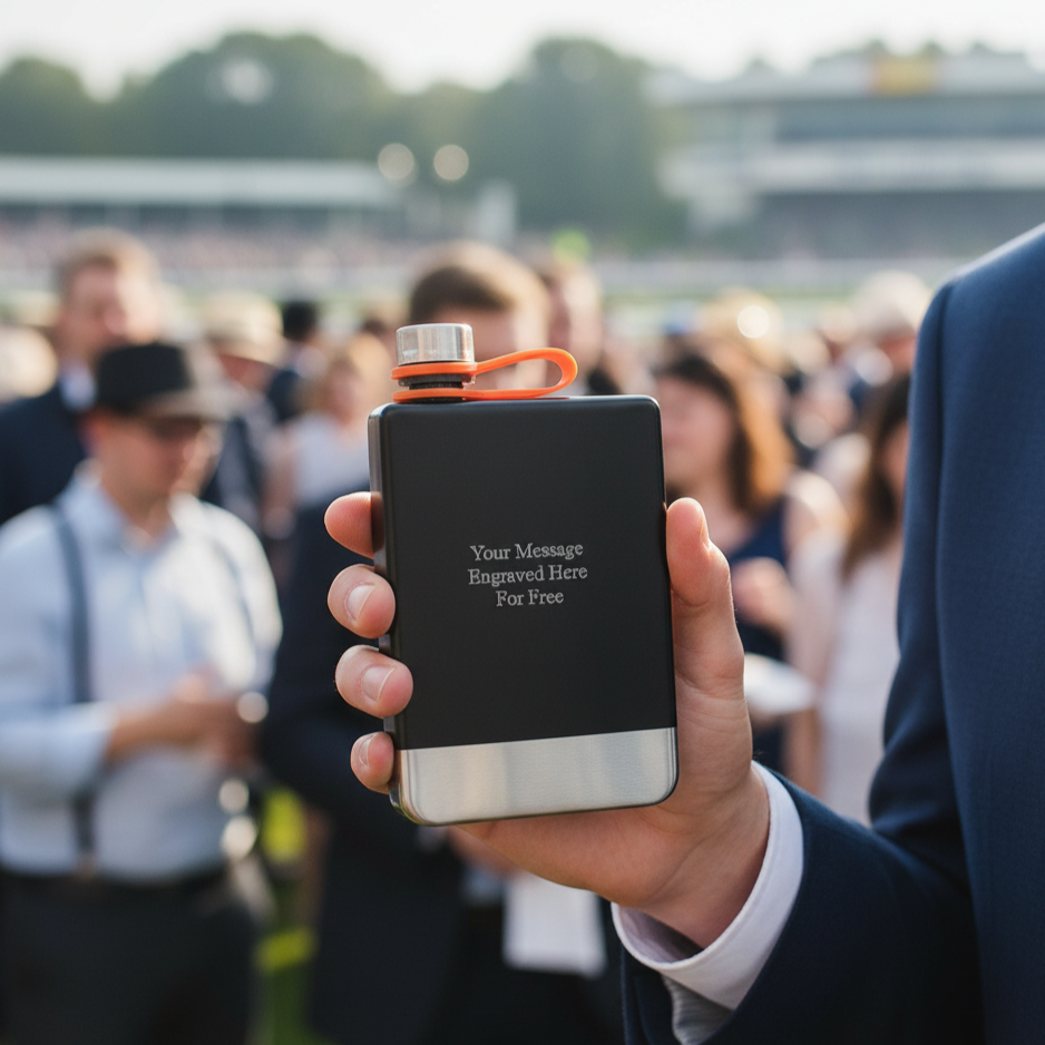 Person holding a black and silver flask with a blurred crowd in the background