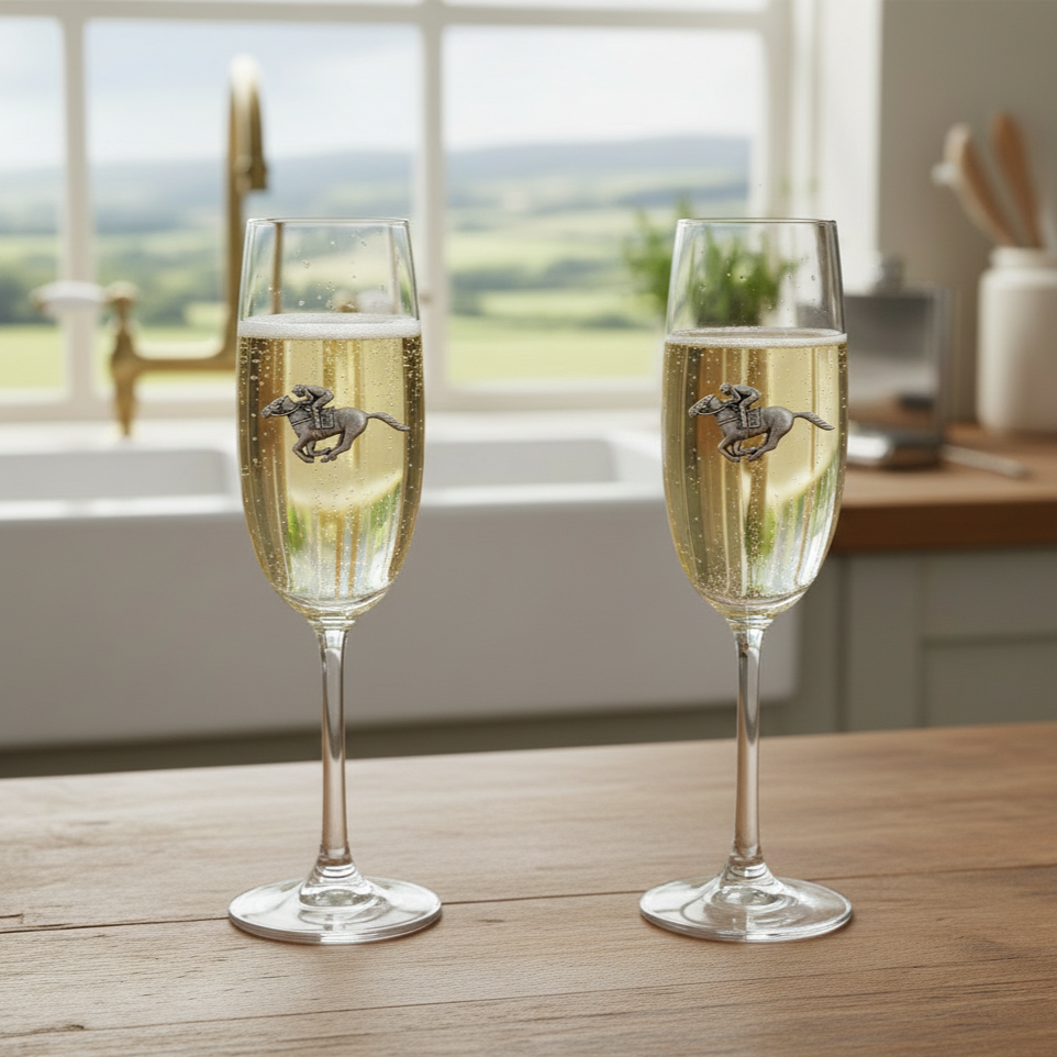 Two champagne flutes with a horse figure on a wooden table in a kitchen.
