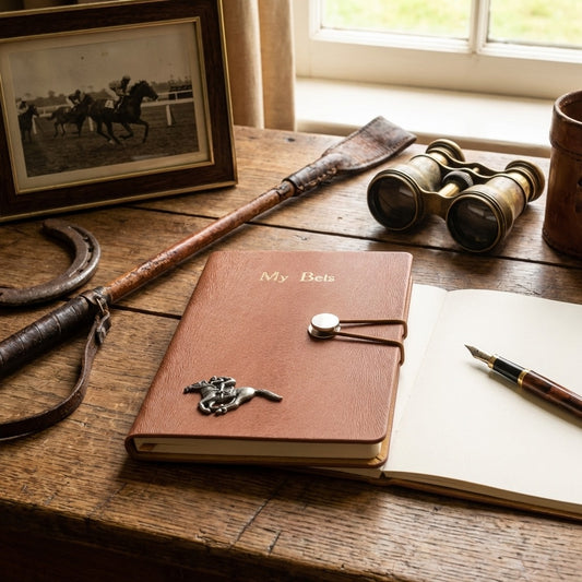 Brown leather betting notebook with decorative clasp on a wooden desk with binoculars, horsebit, and open book.