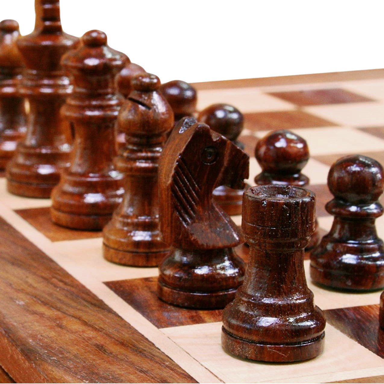 Wooden Chess Set With Drawer & Pewter Horse Racing Motif