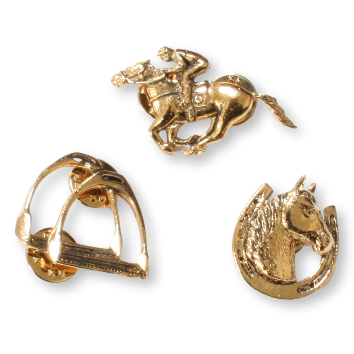 3 Gold Horse Racing Badges Front