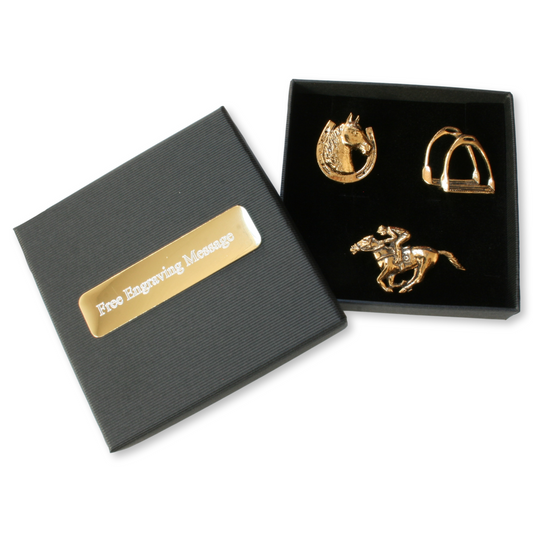 3 Gold Horse Racing Badges In Box