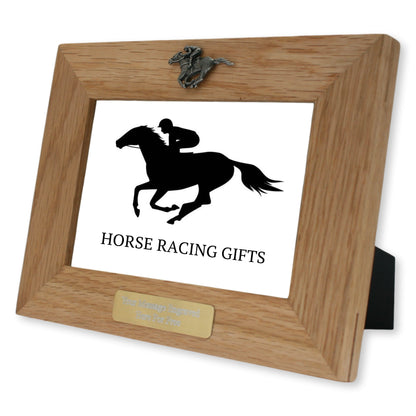 Wooden Photo Frame 6x4 With Pewter Horse Racing Emblem