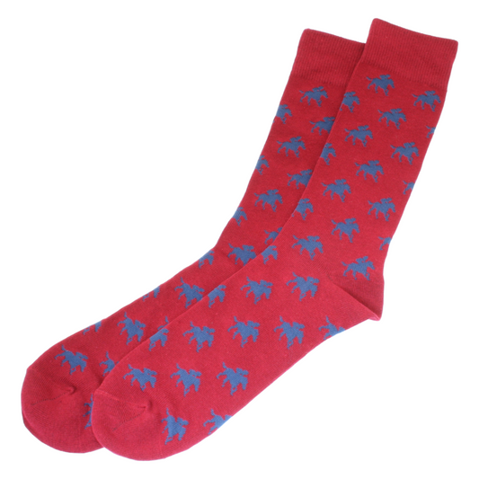 A pair of red socks with a blue horse and jockey print.