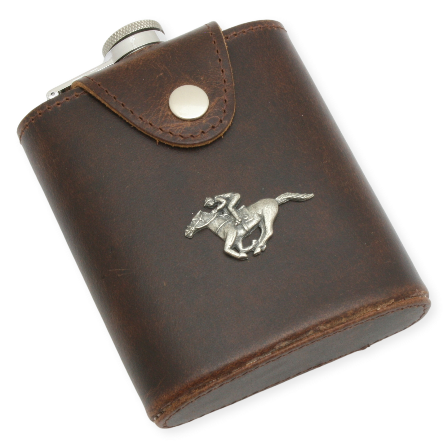 Horse Racing Leather Bound Stainless Steel Hip Flask