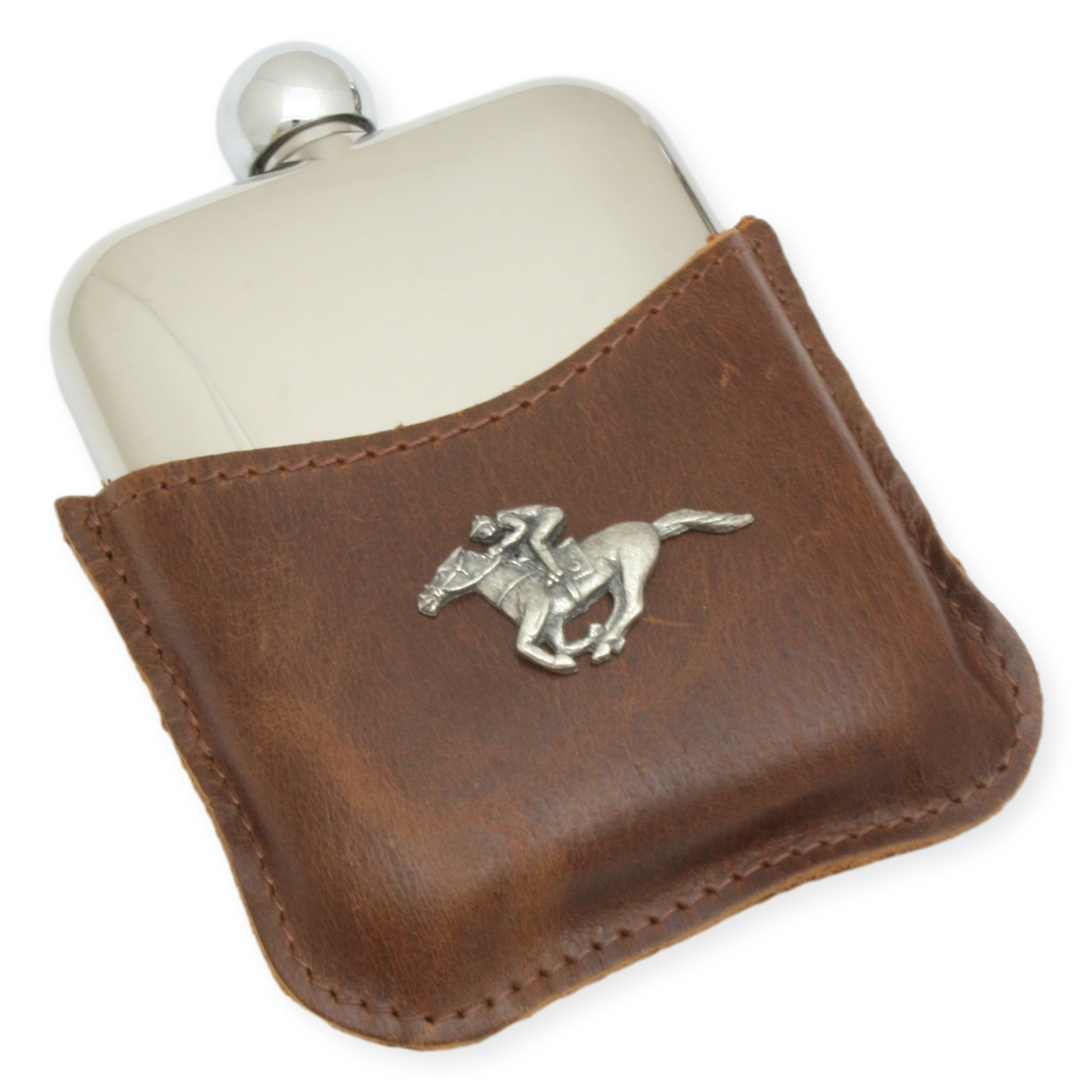 Horse Racing Leather Bound Stainless Steel Hip Flask