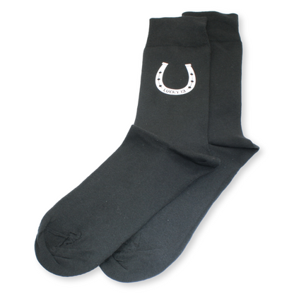 Lucky 13 Horse Shoe Novelty Horse Racing Black Socks