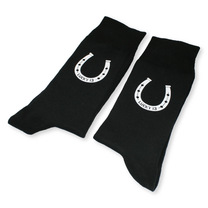Lucky 13 Horse Shoe Novelty Horse Racing Black Socks