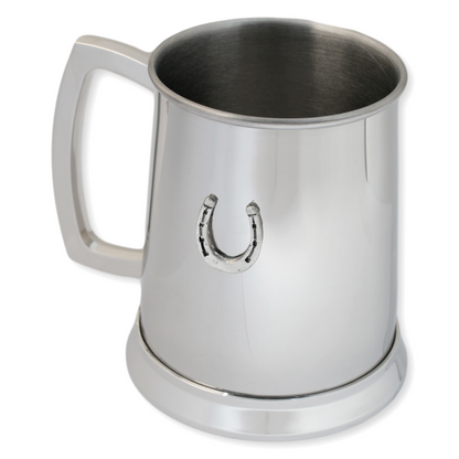 Stainless steel mug with a horseshoe emblem on a white background