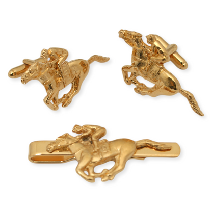 Horse Racing Gold Plated Cufflinks & Tie Clip Set