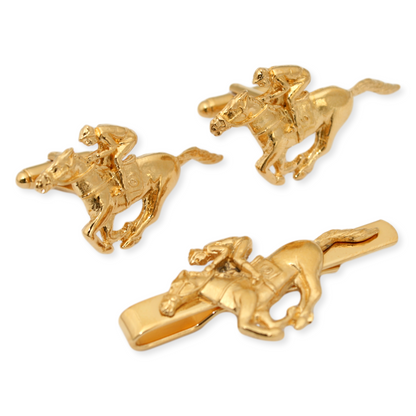 Horse Racing Gold Plated Cufflinks & Tie Clip Set