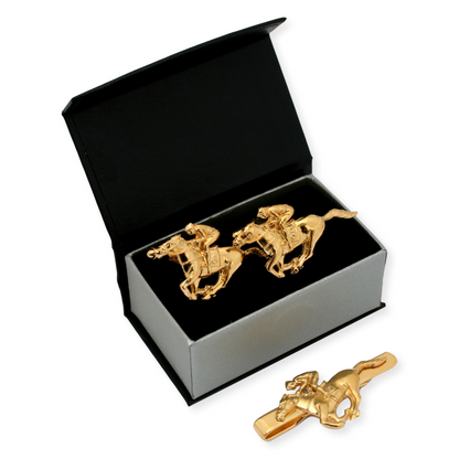Horse Racing Gold Plated Cufflinks & Tie Clip Set