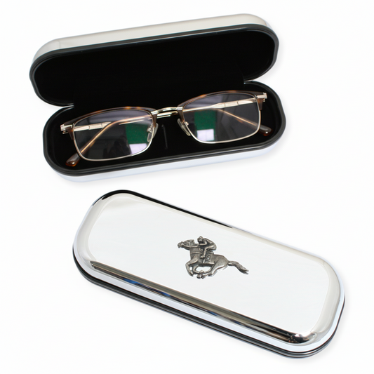 Silver glasses case with a hors racing logo on a white background