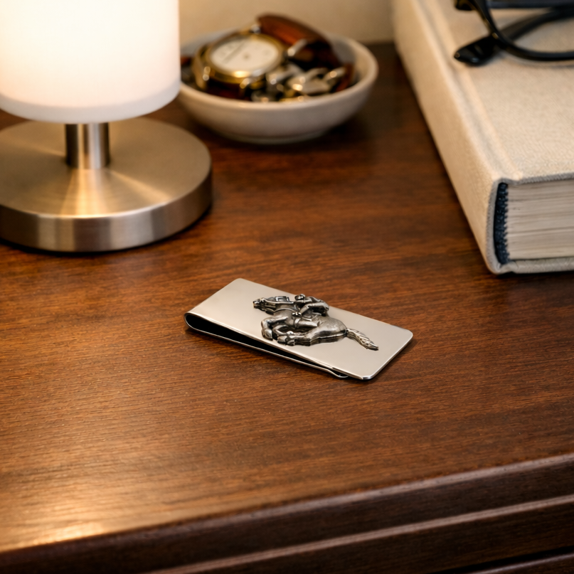 Stainless Steel Money Clip With Pewter Horse Racing Motif
