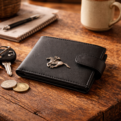 Horse Racing Black Leather Wallet
