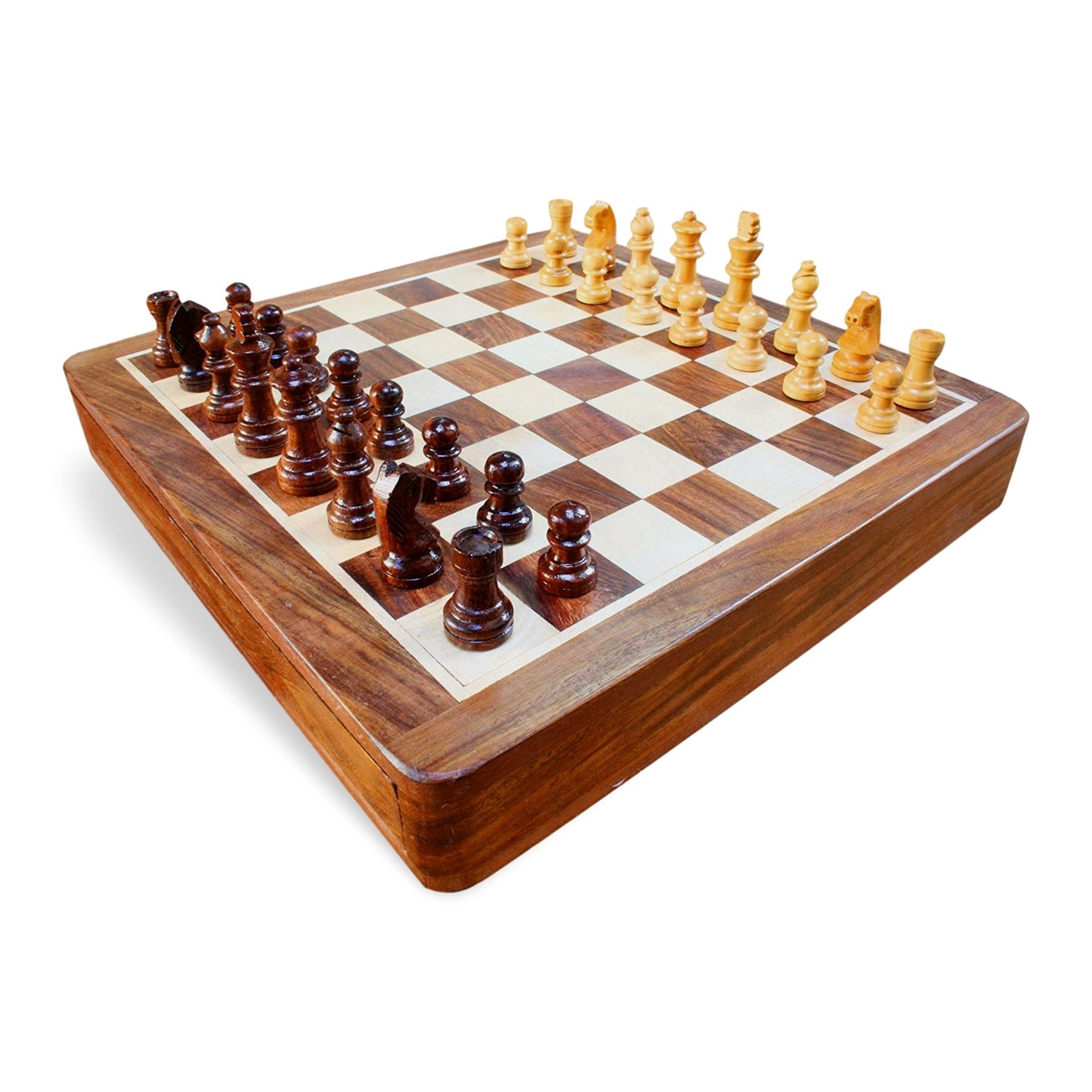 Wooden Chess Set With Drawer & Pewter Horse Racing Motif