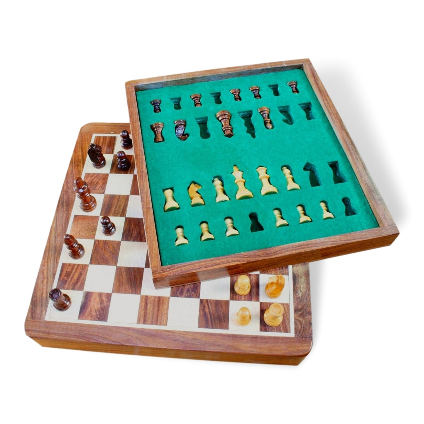 Wooden Chess Set With Drawer & Pewter Horse Racing Motif