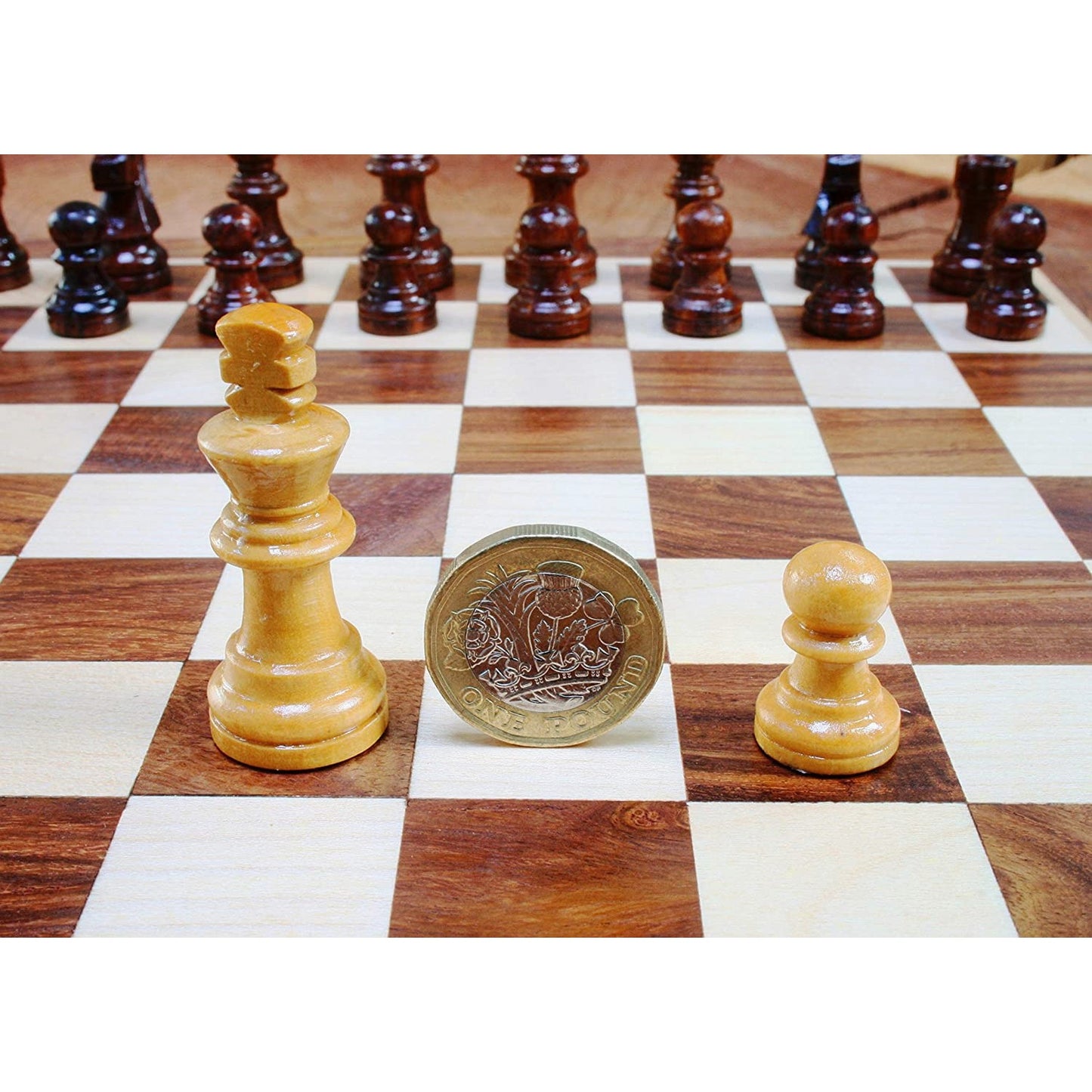 Wooden Chess Set With Drawer & Pewter Horse Racing Motif