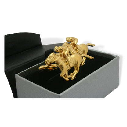 Horse Racing Gold Plated Cufflinks & Tie Clip Set