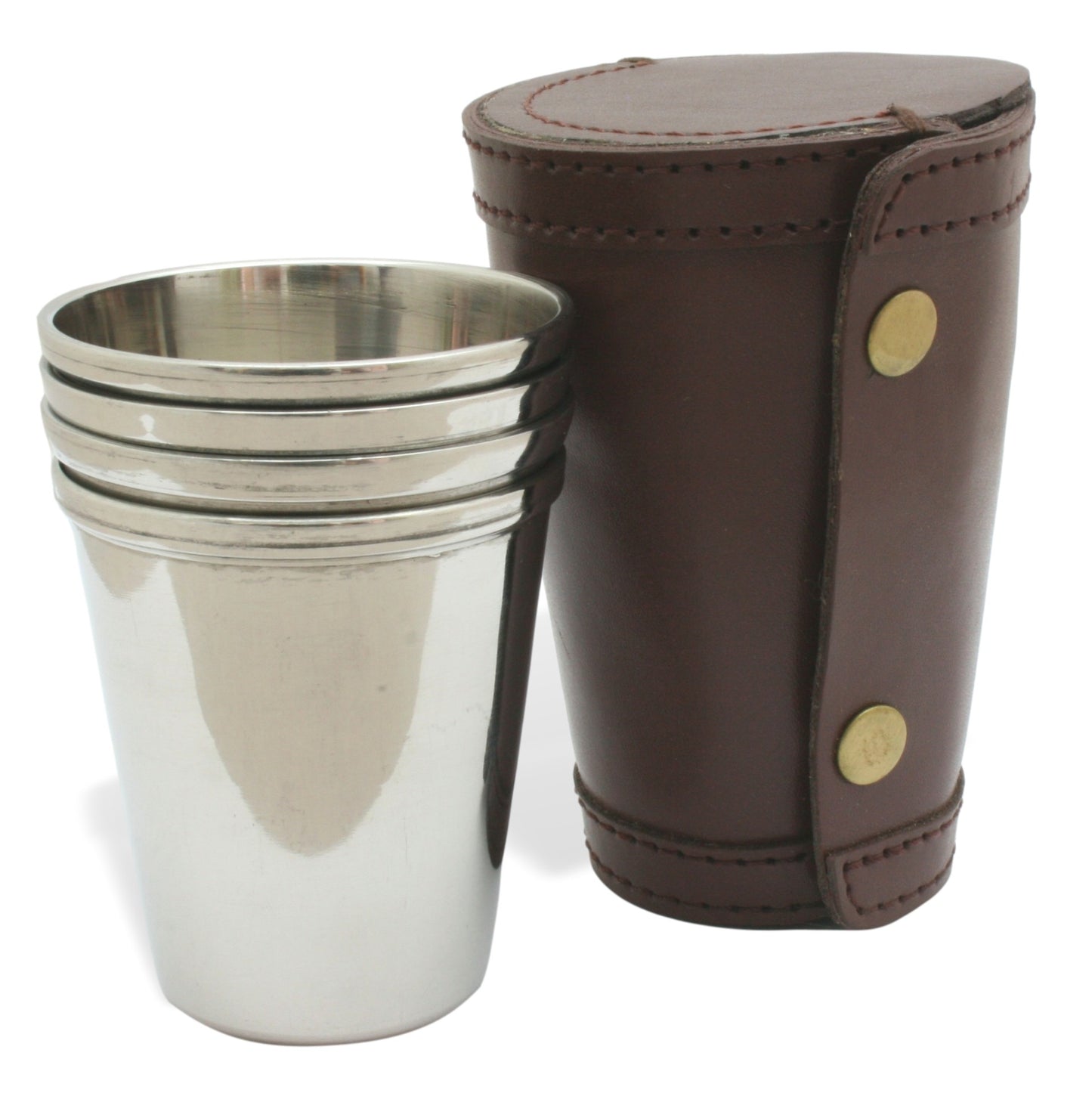 4 Steel Stirrup Cups In Leather Case 4oz