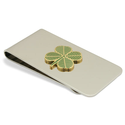 Stainless Steel Money Clip with Lucky Shamrock Motif