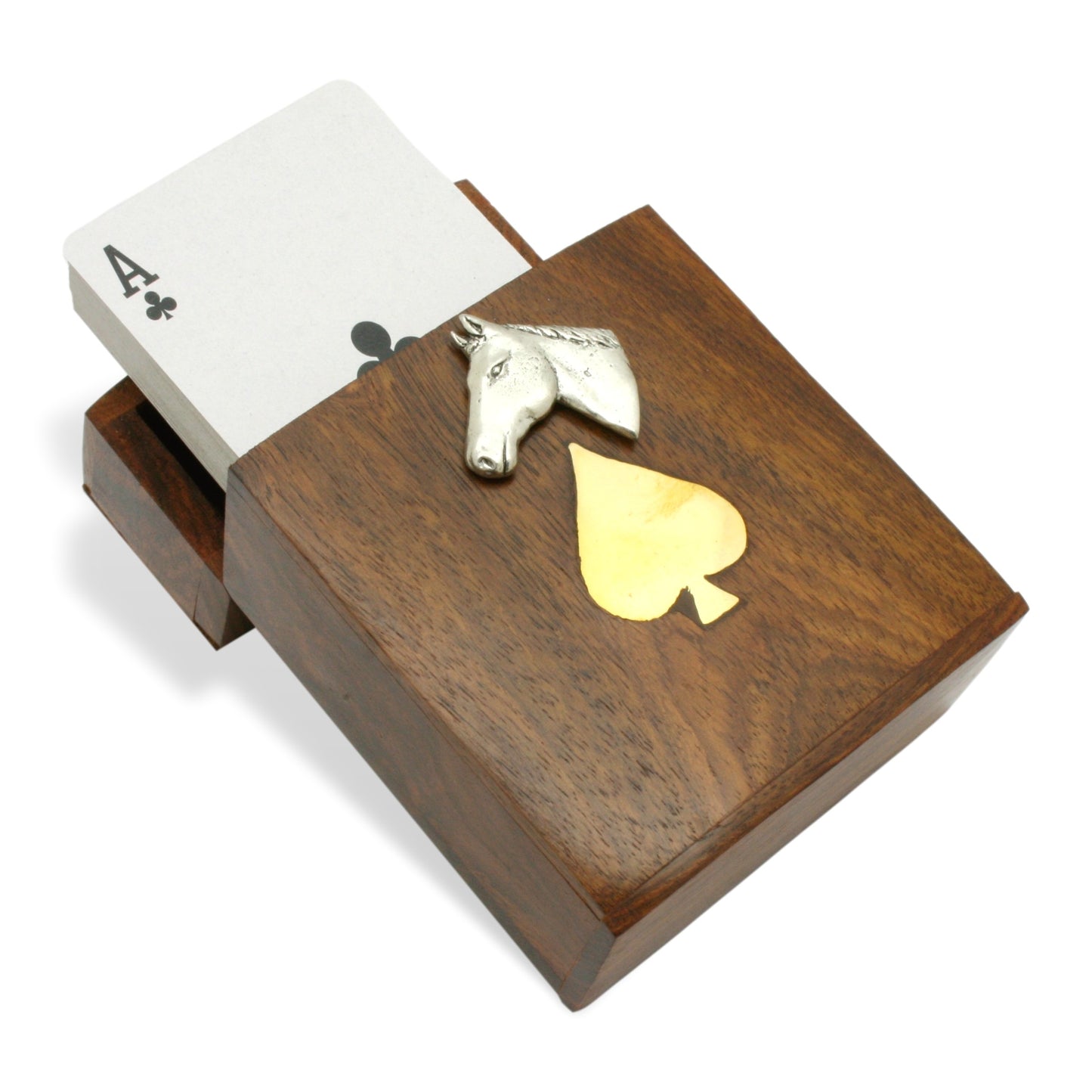 Wooden Playing Card Box With Pewter Horse Head Motif