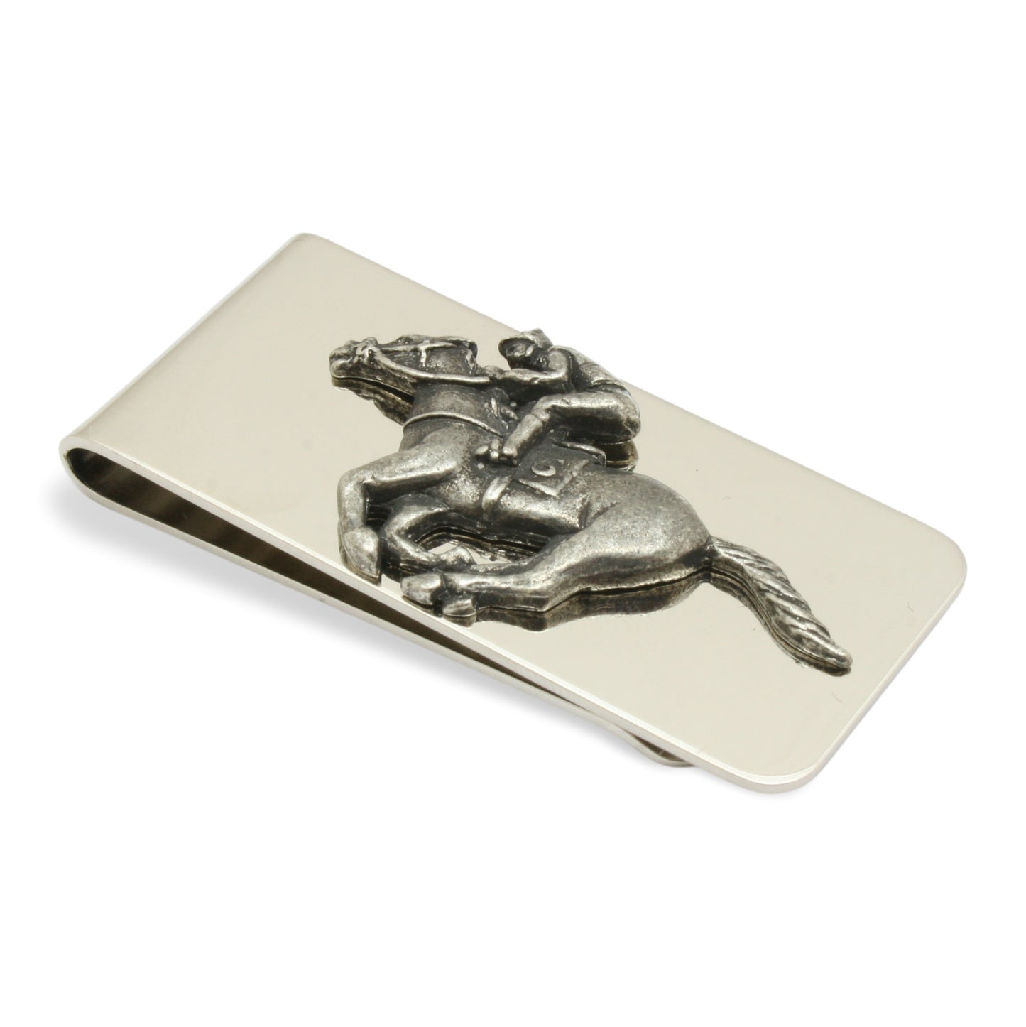 Stainless Steel Money Clip With Pewter Horse Racing Motif