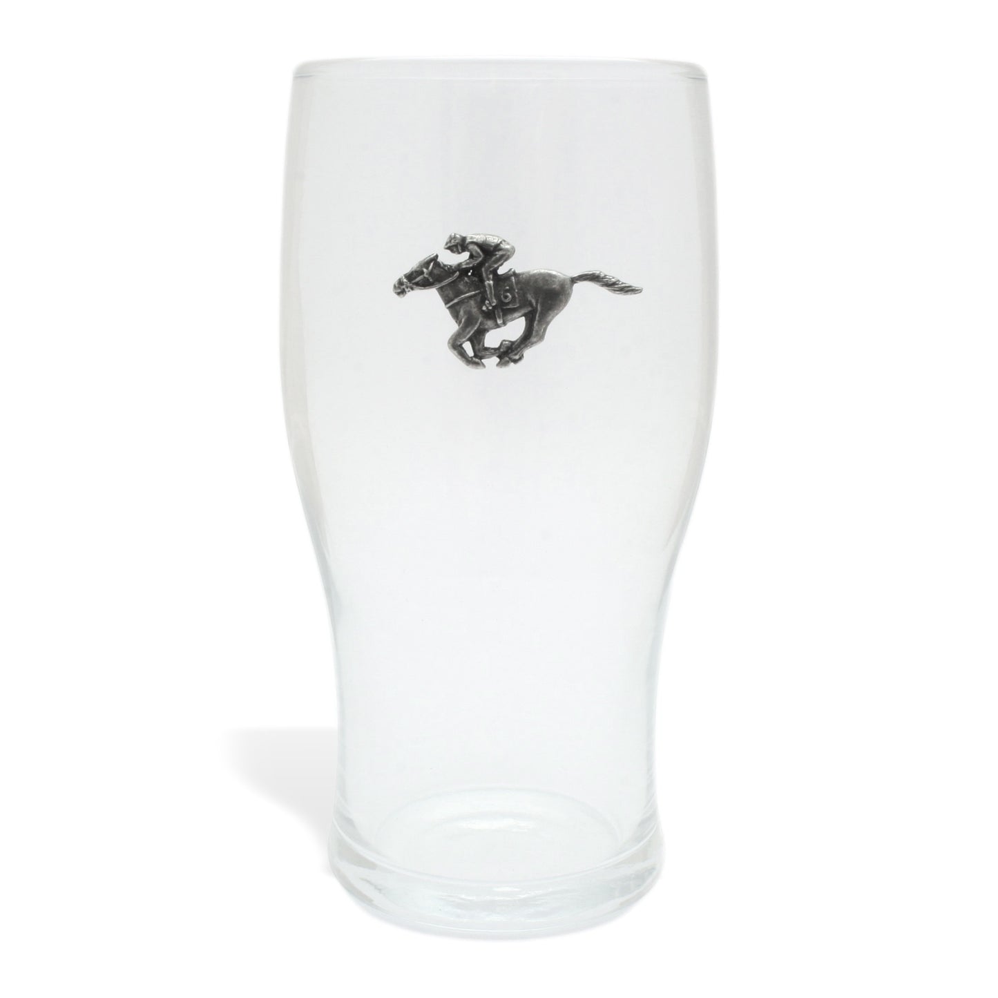 Pint Glass Tulip Style With Pewter Horse Racing Motif