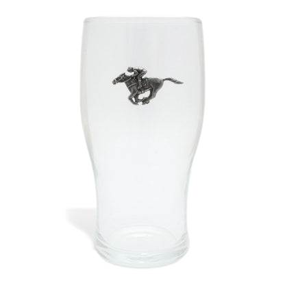 Pint Glass Tulip Style With Pewter Horse Racing Motif