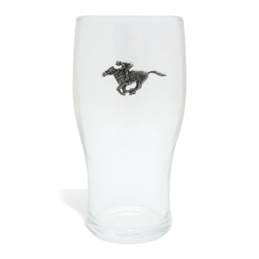 Pint Glass Tulip Style With Pewter Horse Racing Motif