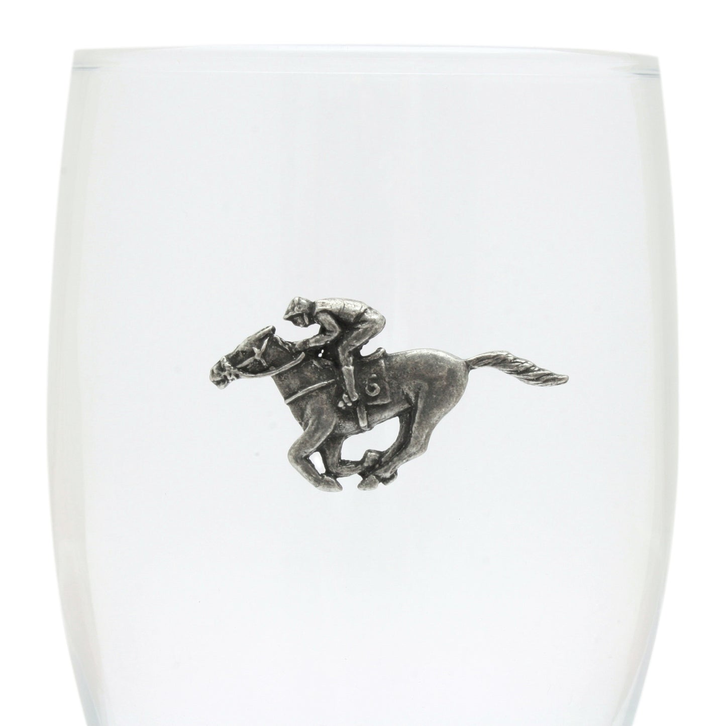 Pint Glass Tulip Style With Pewter Horse Racing Motif