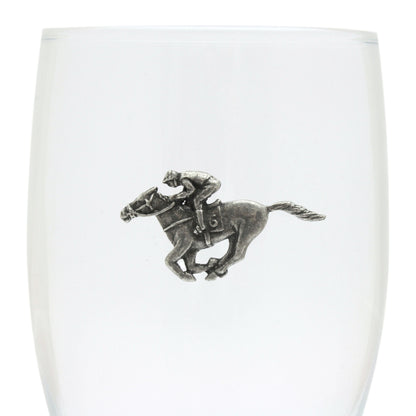 Pint Glass Tulip Style With Pewter Horse Racing Motif