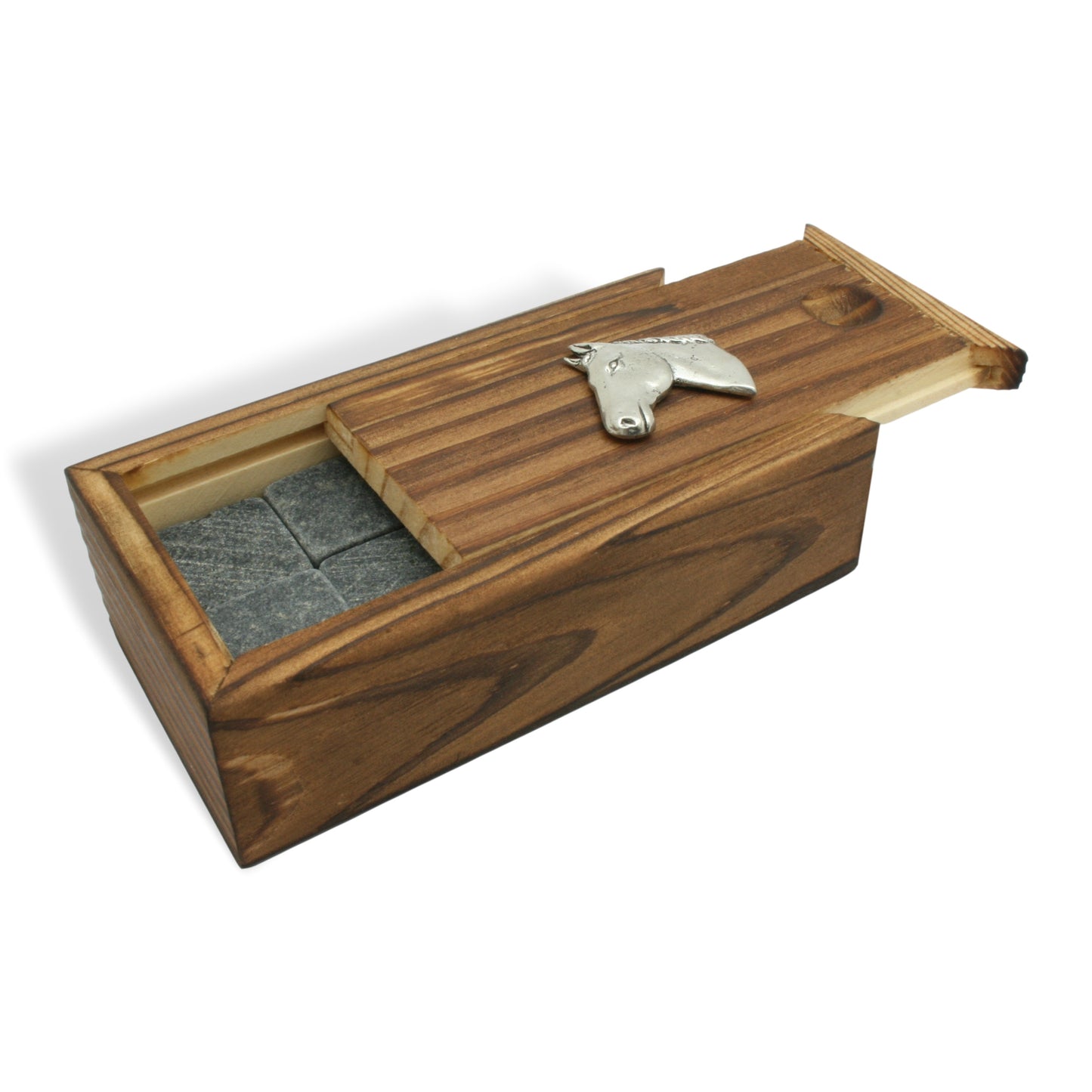 Whiskey Ice Stones In Wood Box & Pewter Horse Head Motif