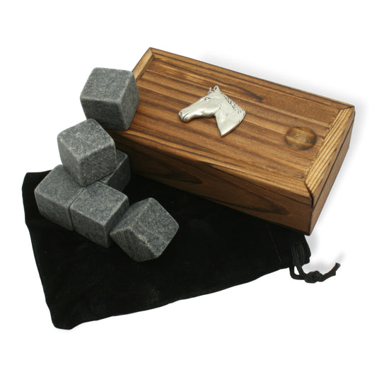 Whiskey Ice Stones In Wood Box & Pewter Horse Head Motif