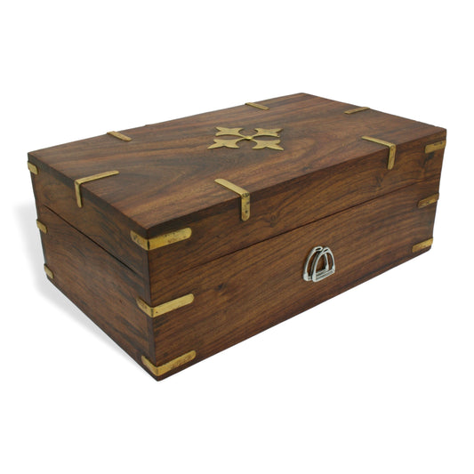 Wooden Memory Box With Brass Inlays & Pewter Horse Stirrups