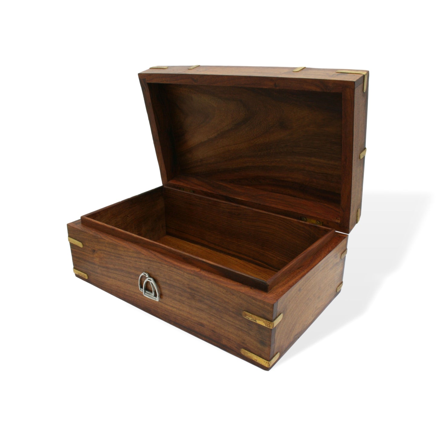 Wooden Memory Box With Brass Inlays & Pewter Horse Stirrups