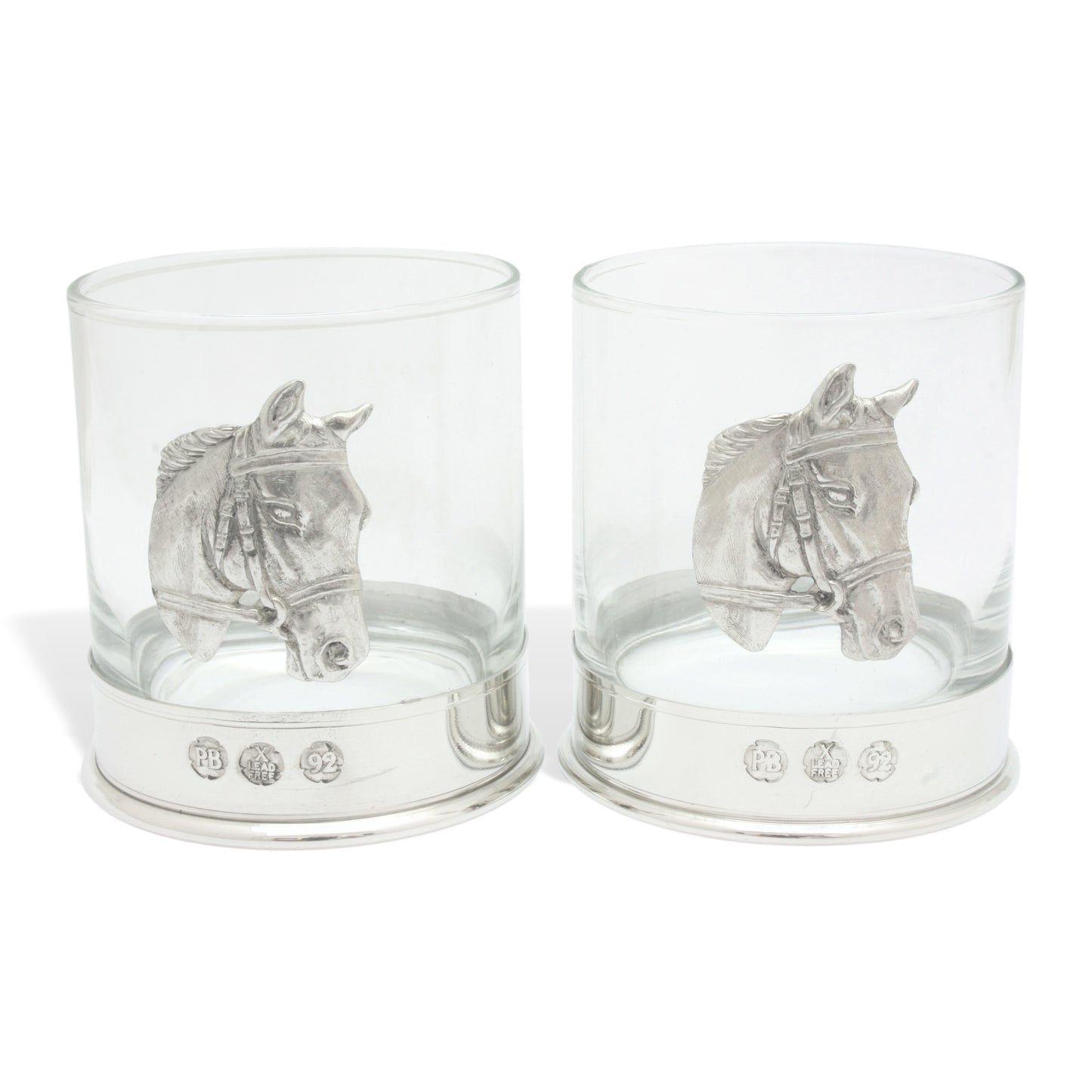 Pair Of Pewter Based Whiskey Tumblers With Horse Head Motifs