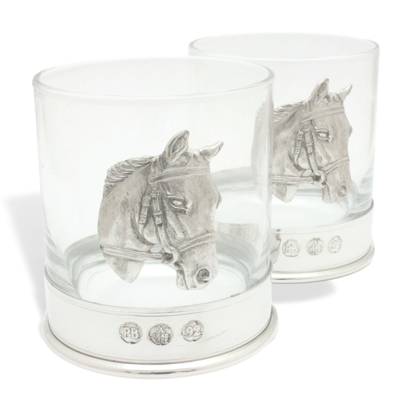 Pair Of Pewter Based Whiskey Tumblers With Horse Head Motifs