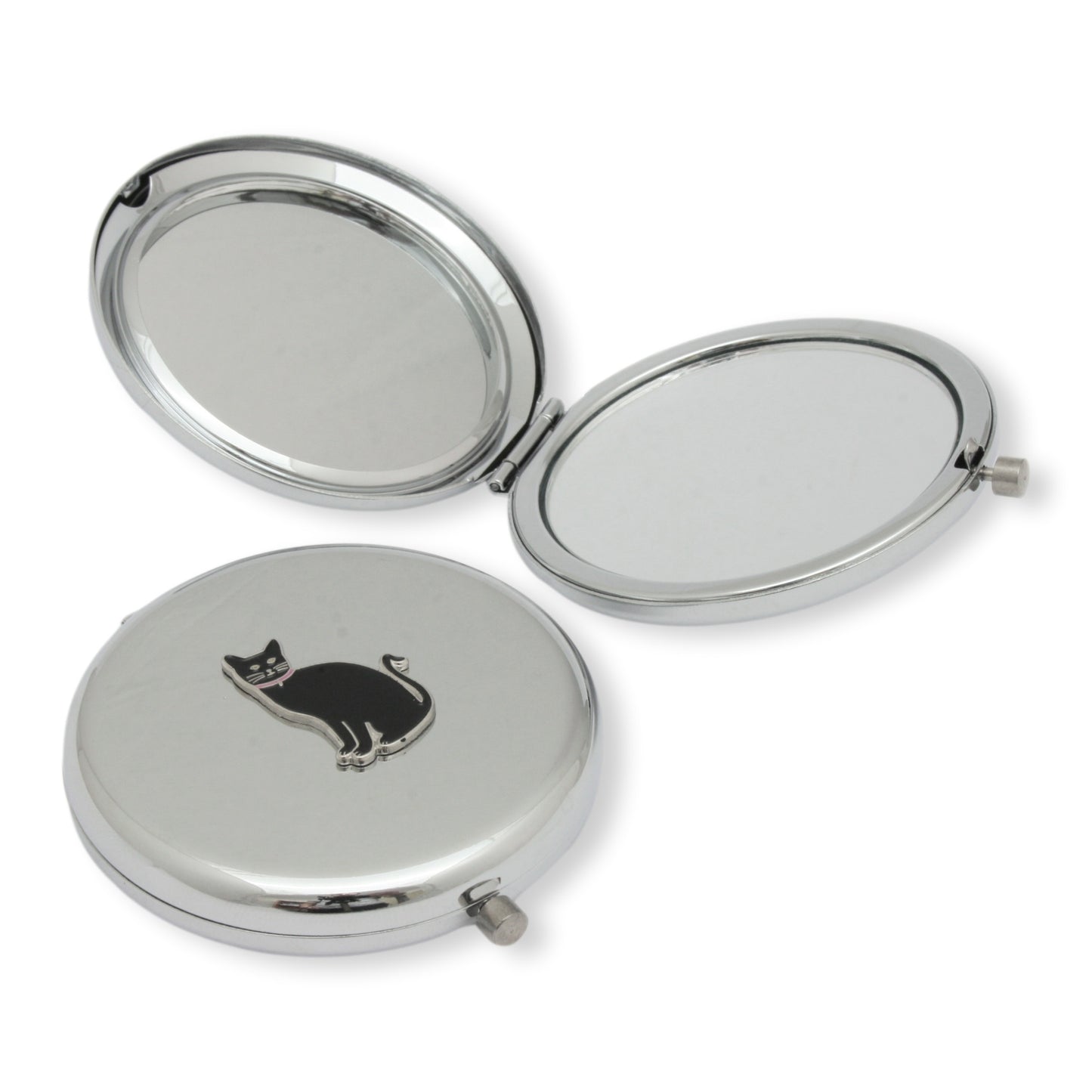 Stainless Steel Compact Mirror With Lucky Enamel Black Cat
