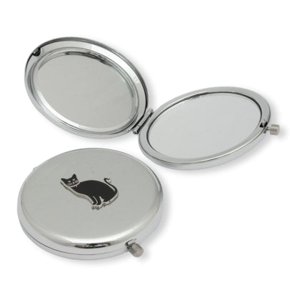 Stainless Steel Compact Mirror With Lucky Enamel Black Cat