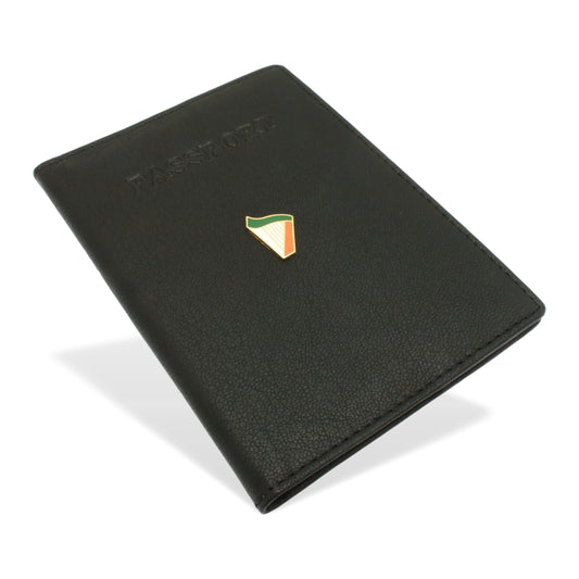 Leather Passport Holder With Lucky Irish Harp Emblem