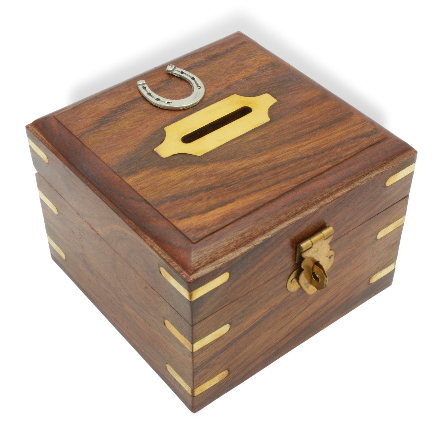 Wooden Money Box With Pewter Horse Shoe Motif