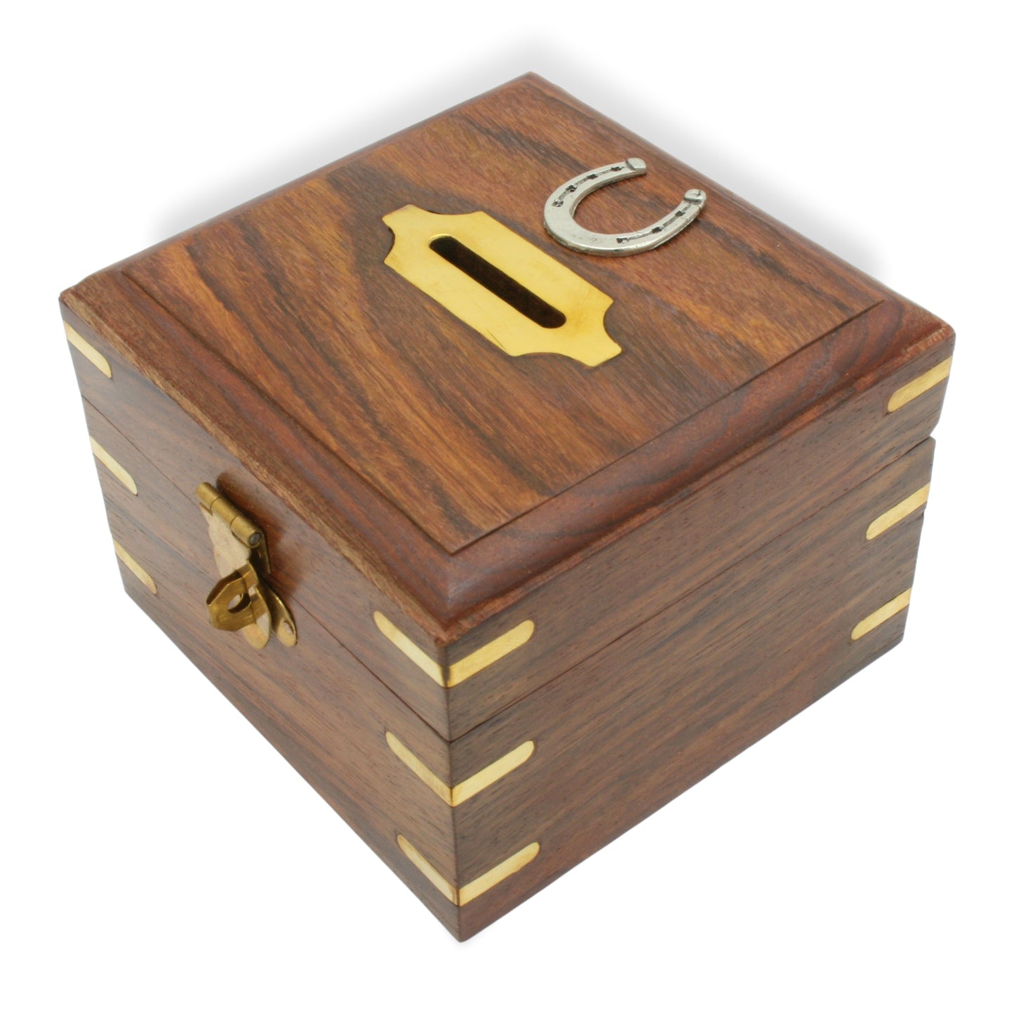 Wooden Money Box With Pewter Horse Shoe Motif