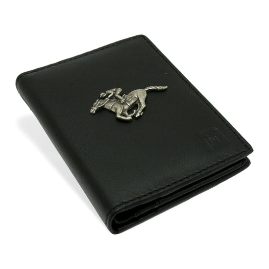 Leather Card Holder In Black RFID Safe With Horse Racing Emblem