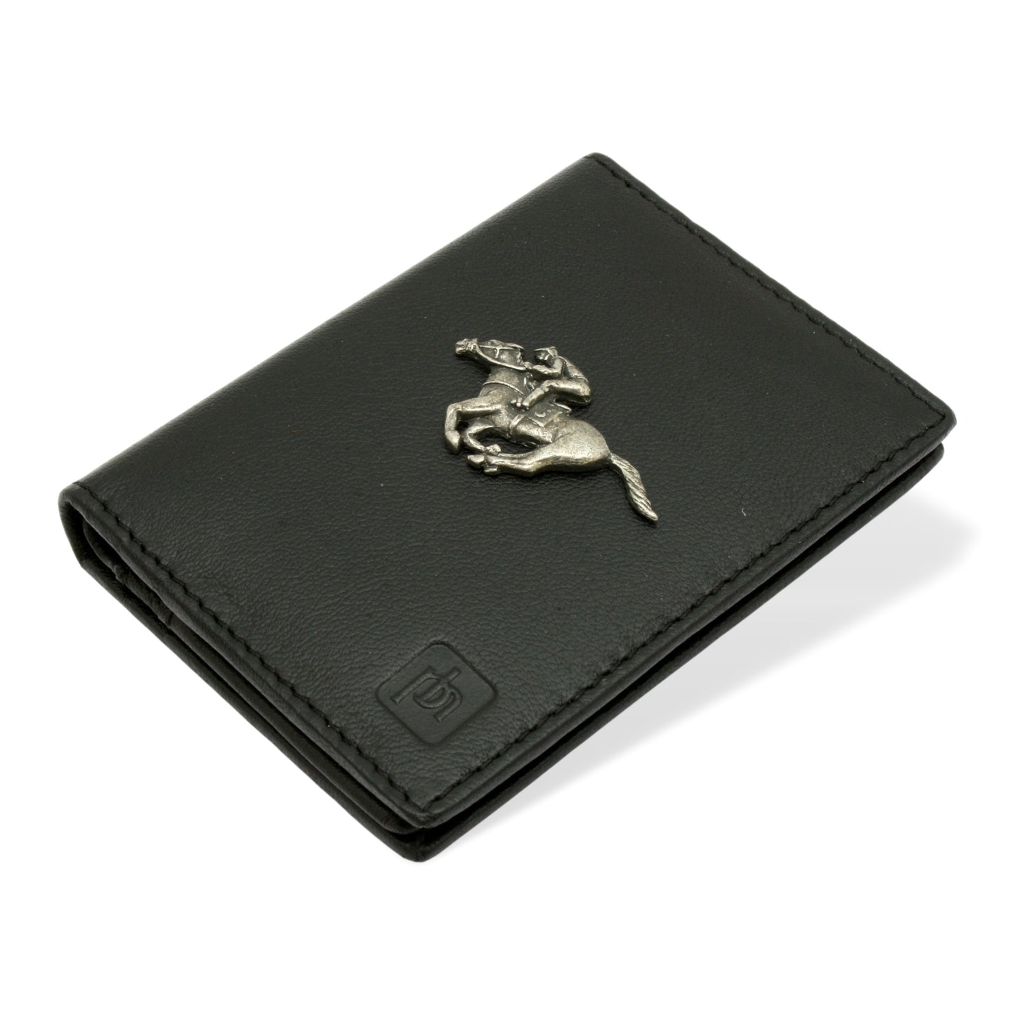 Leather Card Holder In Black RFID Safe With Horse Racing Emblem